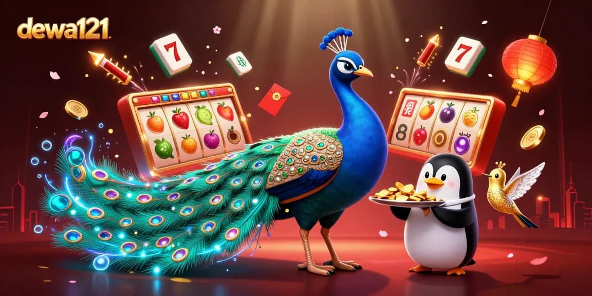 Bergabunglah dalam keseruan bersama dewa121 saat seekor merak, penguin, dan kolibri merayakan slot dan kemenangan di sebuah adegan kasino yang penuh warna.