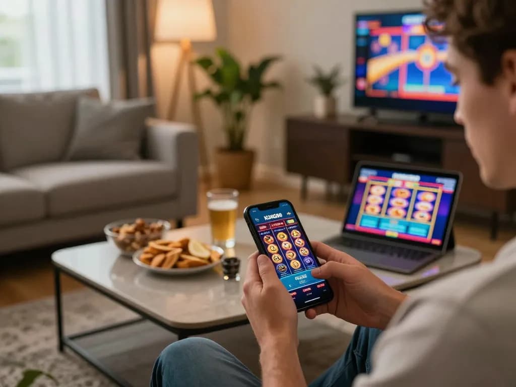 KONG88 user enjoying online casino gaming on a smartphone in a cozy home environment