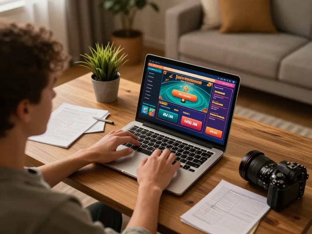 Engaging in online gameplay at okwin with strategy notes and gaming interface visible at home.