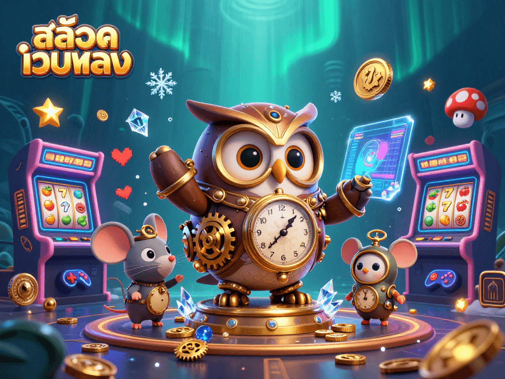 Engage with สล็อตเว็บตรง through this vibrant casino-themed 3D illustration showcasing characters and slots elements.