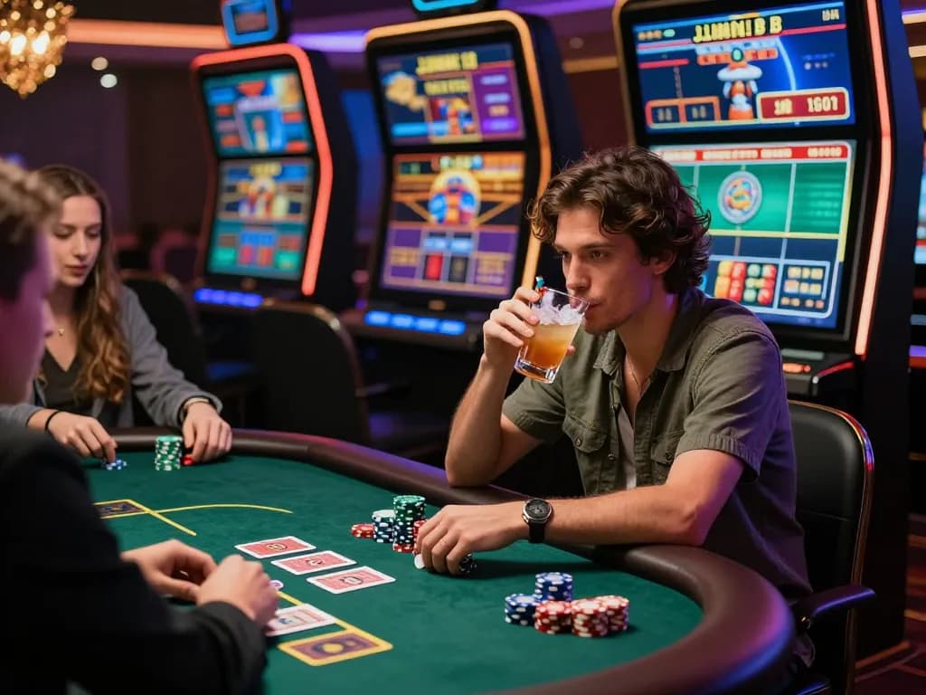 Sultan88 online gaming action scene with players engaged at a live dealer table, vibrant atmosphere, stylish décor, and digital displays.