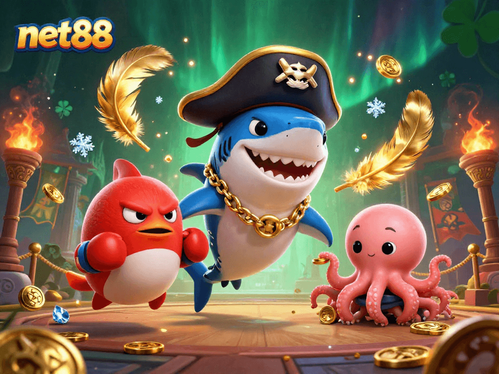 Engage with net88's exhilarating 3D casino action featuring a pirate shark and friends!
