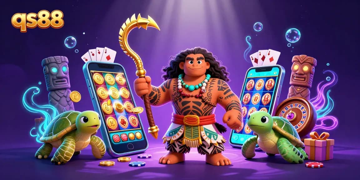 Experience excitement with the qs88 casino as glowing tiki statues and vibrant games light up the night.