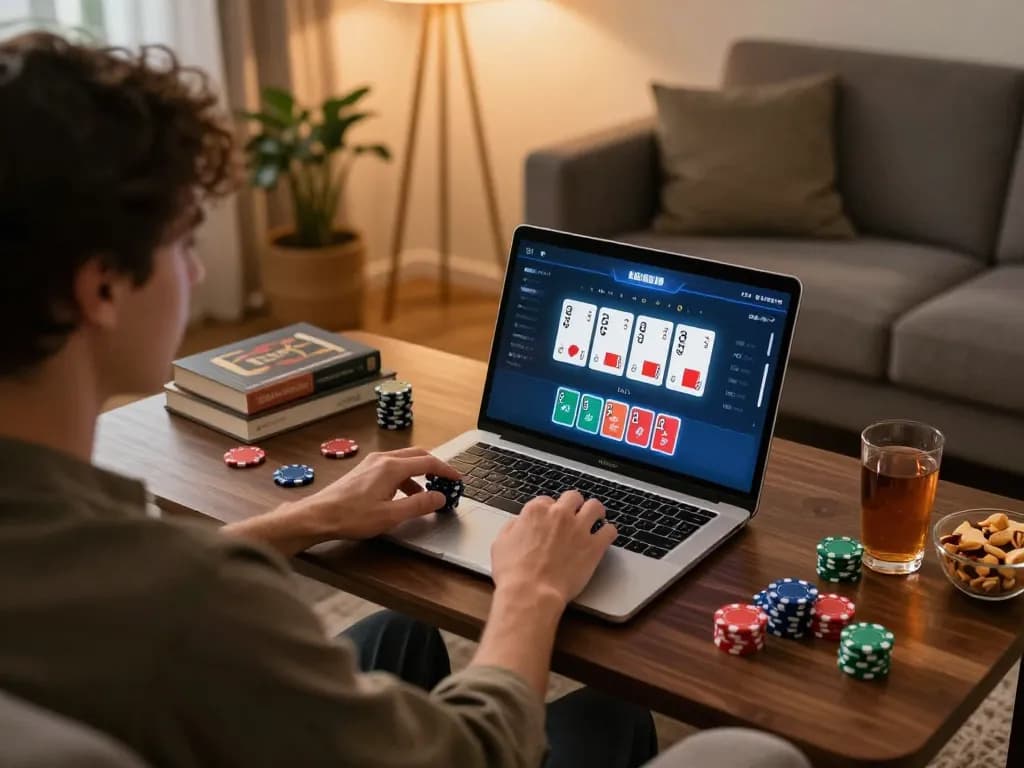 Player enjoying online poker on rikvip platform, showcasing an engaging home gaming setup.