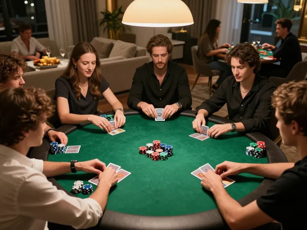 Players strategizing in an intense poker game featuring the tg88 device amidst snacks and drinks