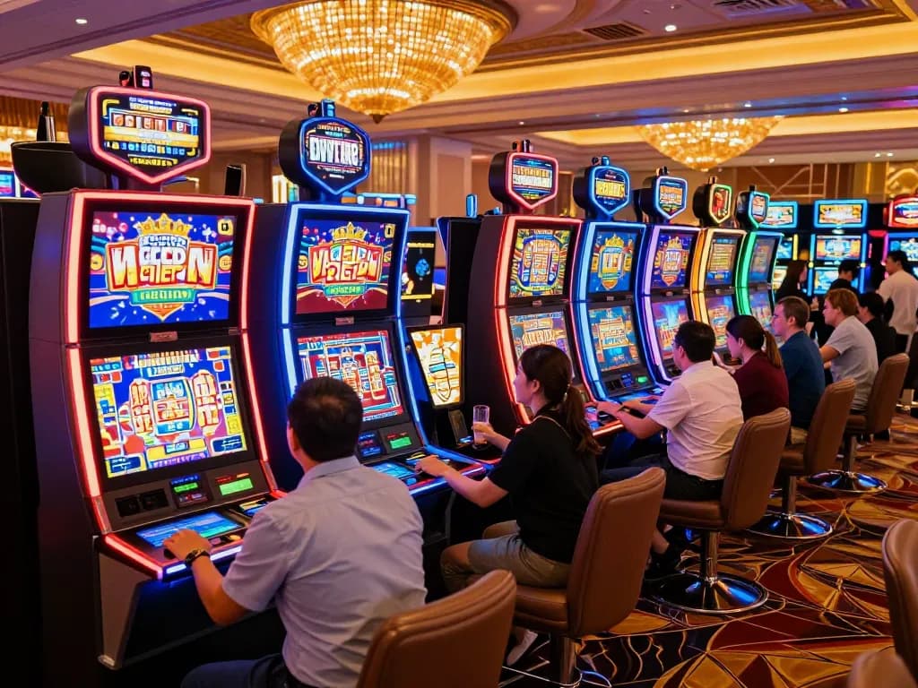 Players enjoying g28tv slot machines in a vibrant casino, celebrating wins amidst bright neon lights.