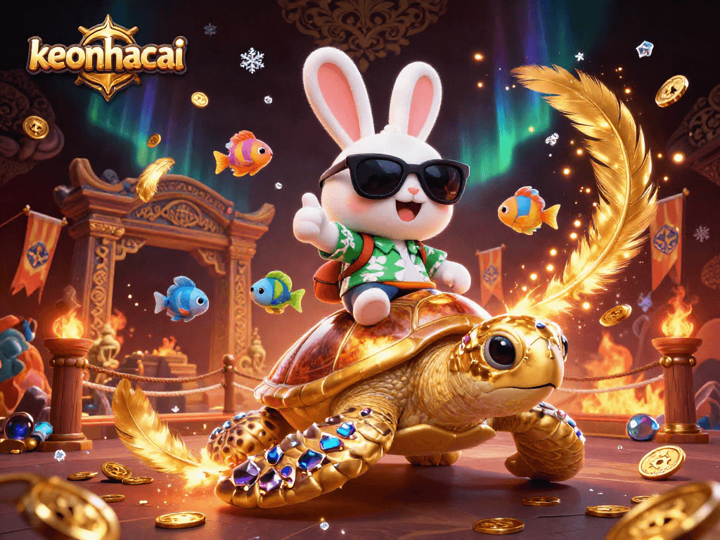 Bet on keonhacai's exciting outcomes featuring a lucky rabbit and a golden turtle surrounded by vibrant casino elements.