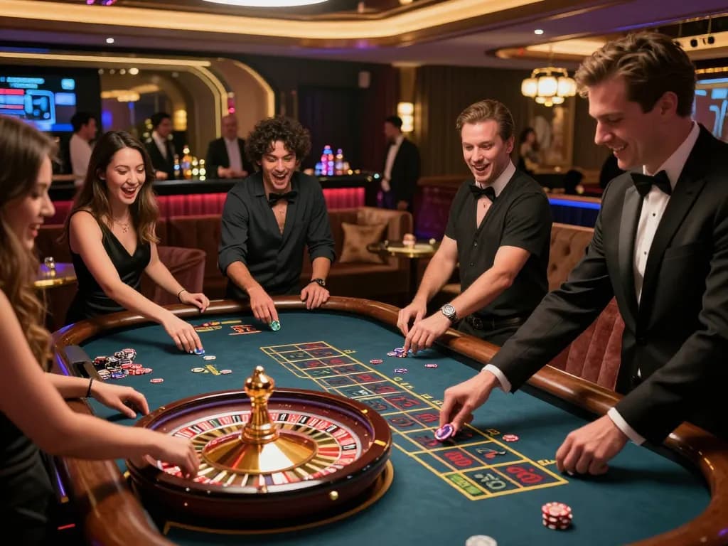 Cheering players at Sky88 Club enjoying thrilling roulette action.