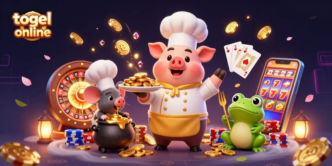 Experience thrilling togel online excitement with a vibrant 3D illustration showcasing casino elements and playful characters.