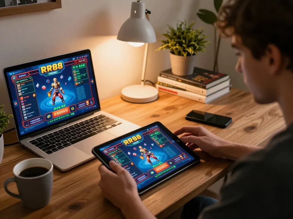 Player engaging in thrilling RR88 online casino gaming on tablet with strategies in hand