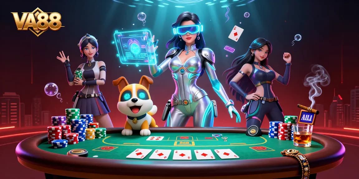 Experience thrilling action at VA88 with a stunning digital casino scene featuring immersive poker elements.