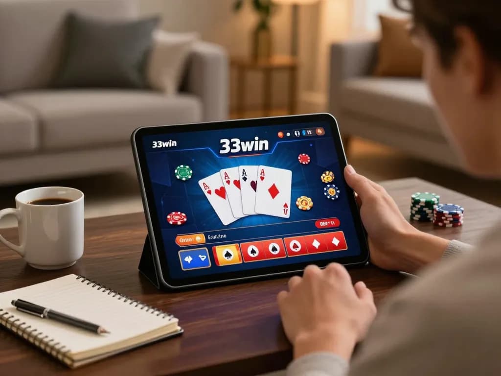Engaged player using 33win app in a modern home setting with poker cards displayed.