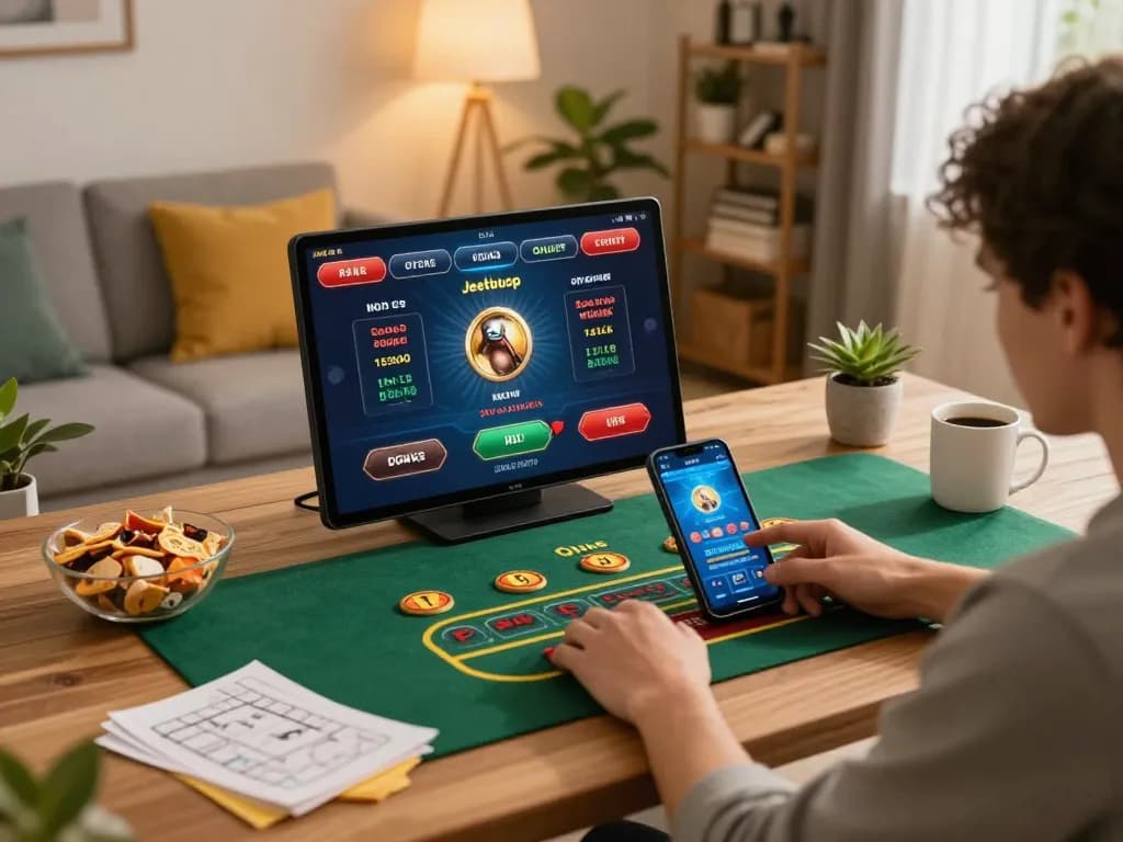 Jeetbuzz mobile app showcasing exciting online gambling gameplay in a cozy home setting
