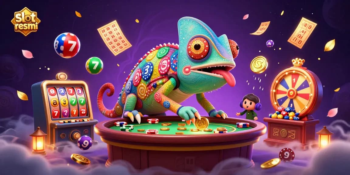 Experience the excitement of slot resmi with a vibrant casino scene featuring a colorful chameleon owner, dynamic gambling elements, and golden winnings.