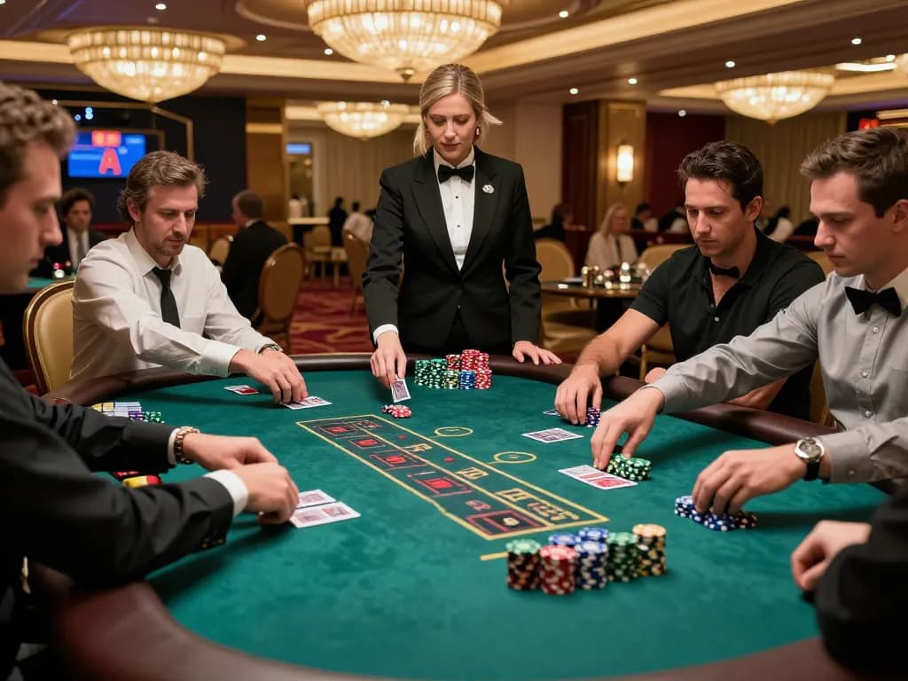 Players engaging in a high-stakes blackjack game at divinityspacenter, showcasing vibrant casino atmosphere.