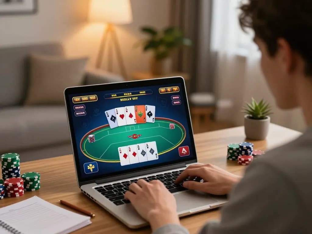 Engaged player at home poker setup, exploring strategies with Read more gaming excitement
