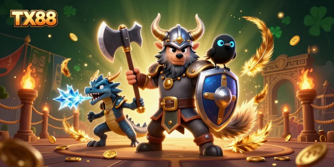 Experience TX88 casino action with a Viking warrior, dragon, and glowing raven in a dynamic gambling scene.