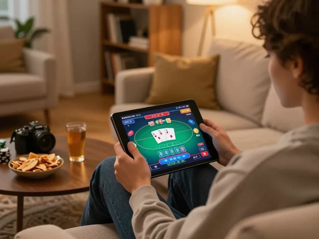 gen-e player engaging in strategic online poker game on tablet at home with cozy ambiance.