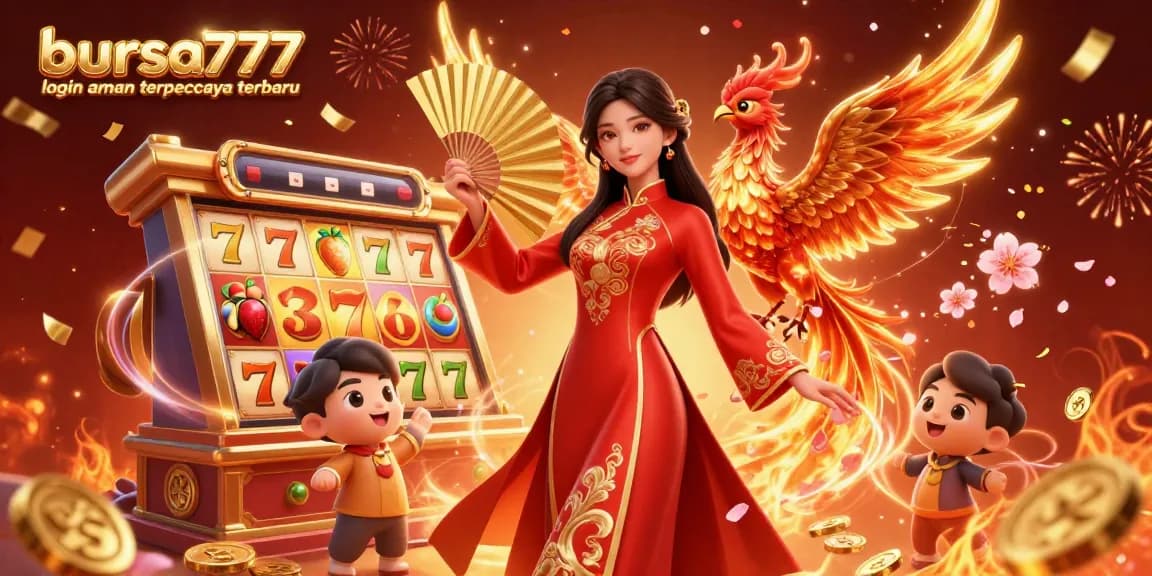 Bursa777 login aman terpercaya terbaru showcases a vibrant slot-themed scene with a graceful woman, phoenix, and dynamic gambling elements.