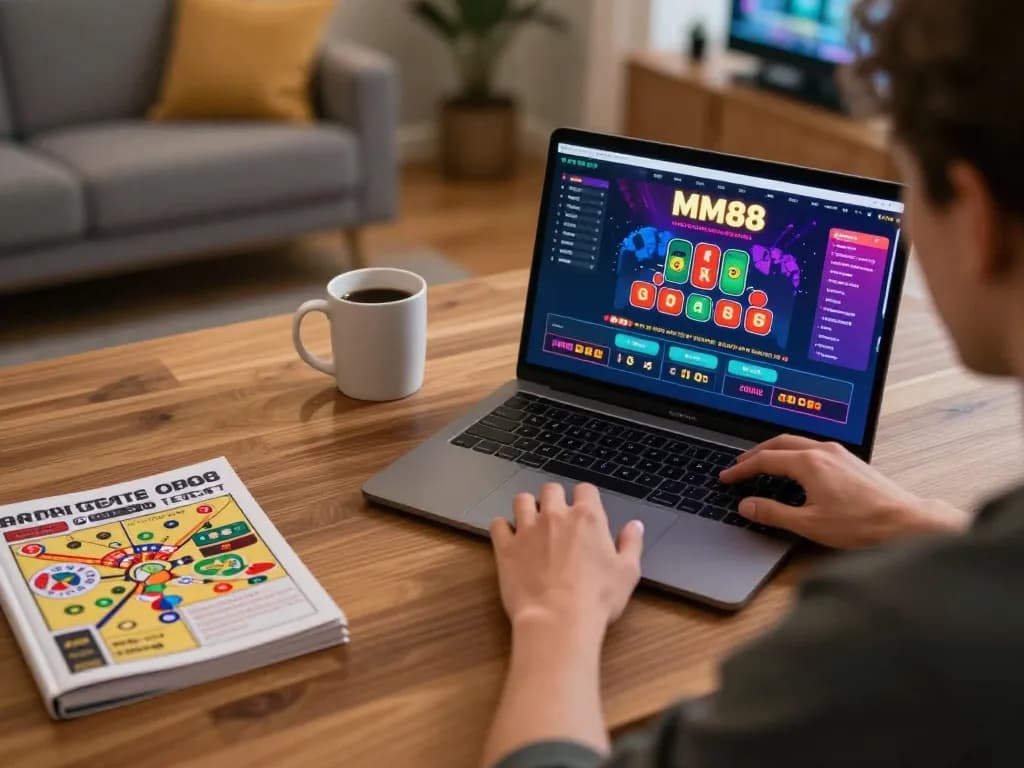 Engaging in MM88 live dealer gameplay on a laptop in a cozy home environment