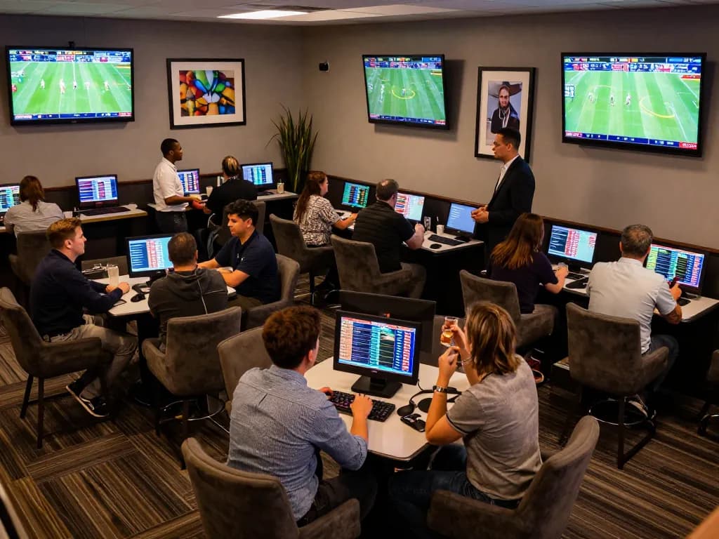 O8 users placing bets in a vibrant sports lounge with live game screens