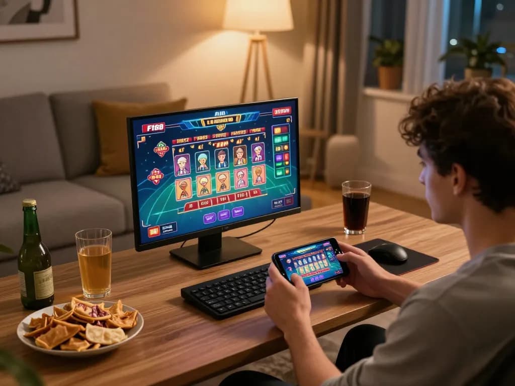 Playing F168 mobile casino games in a cozy home setup, showcasing vibrant game interface