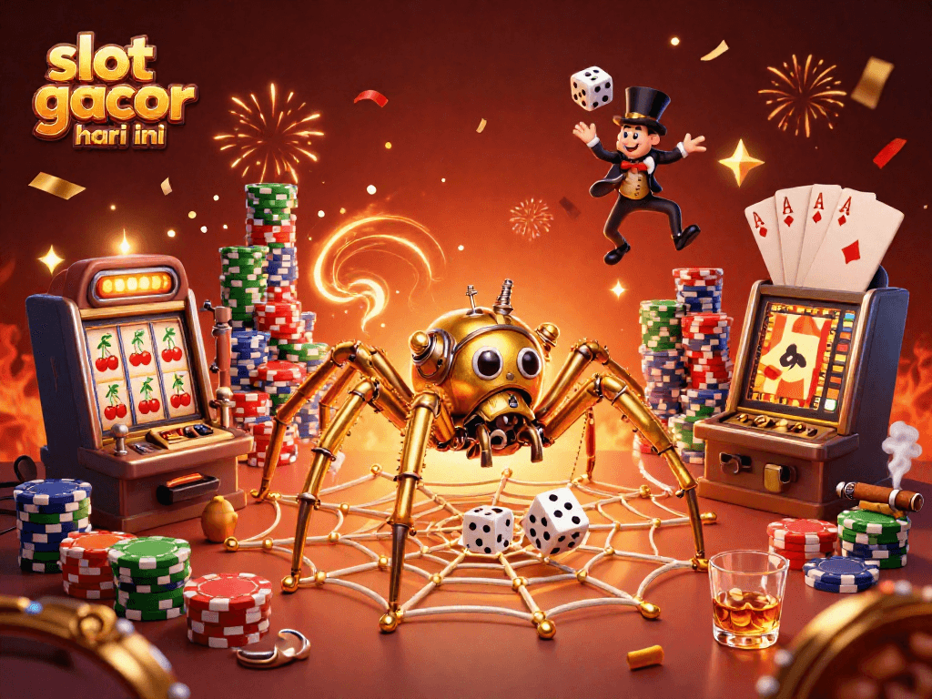Experience thrilling moments in slot gacor hari ini with a vibrant casino scene showcasing colorful slot machines and a steampunk spider.