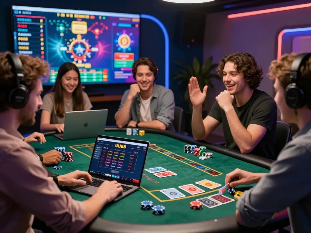 Players enjoying interactive online betting at UU88, showcasing vibrant casino graphics and engaging atmosphere.