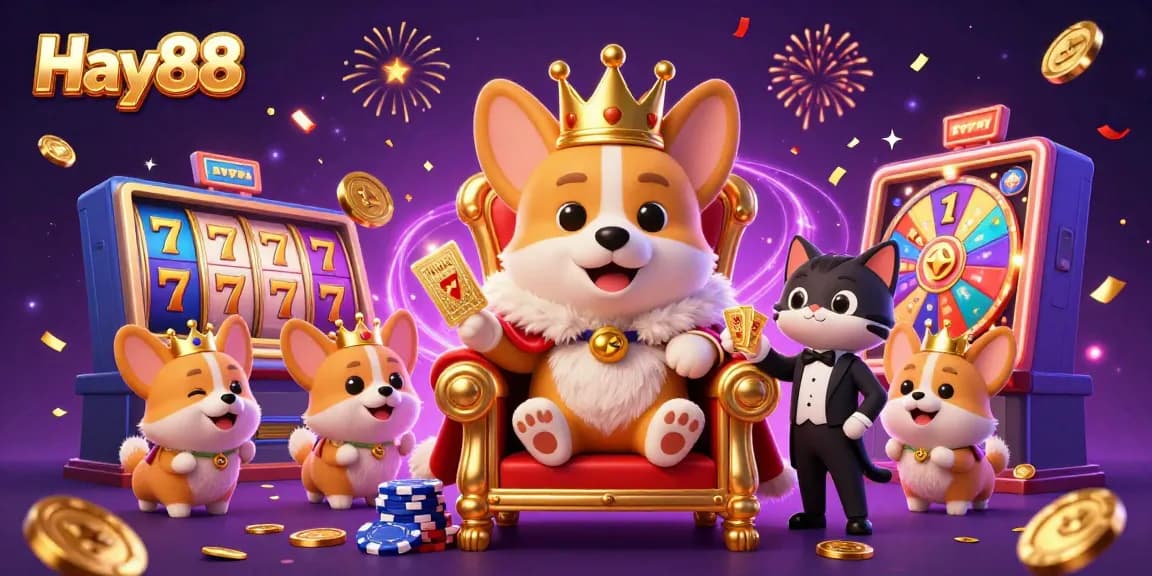 Experience the excitement of Hay88 with a vibrant casino scene featuring royal corgis and dynamic slot elements.