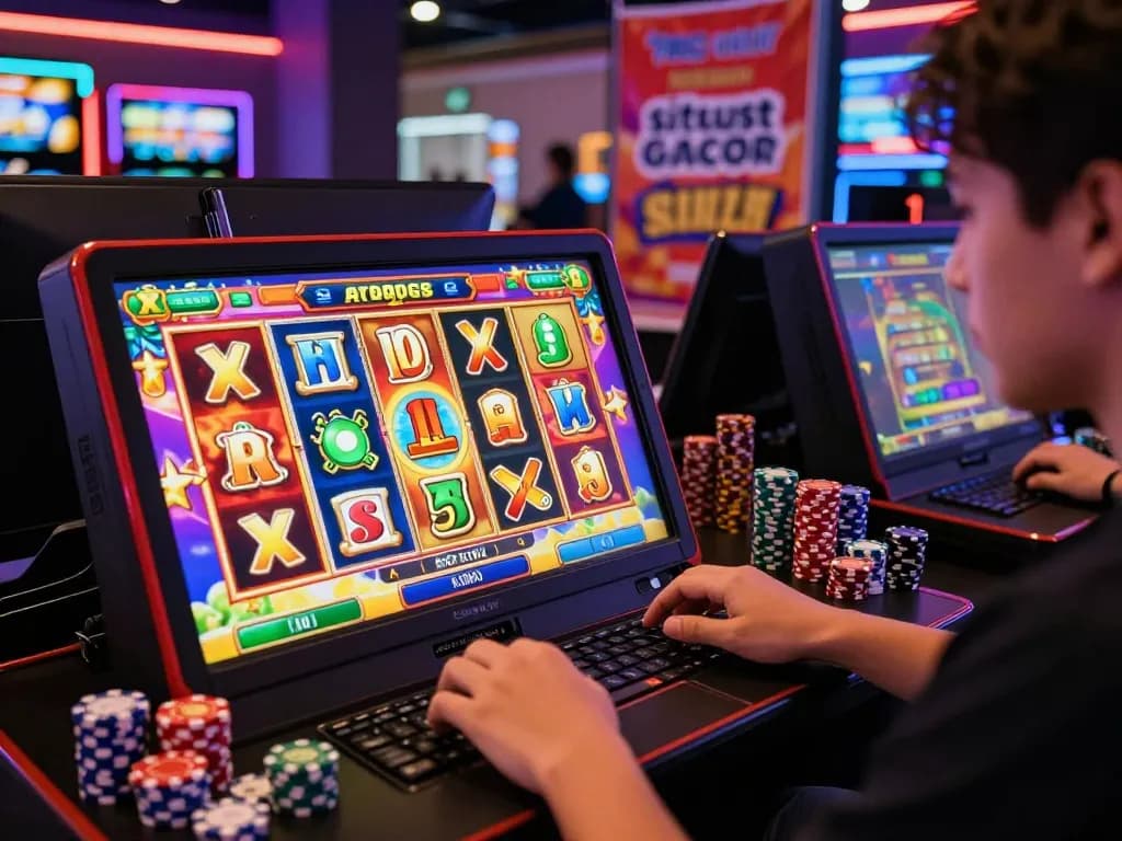 Pemain menikmati pengalaman bermain yang mendebarkan di situs slot gacor, dikelilingi oleh simbol slot yang cerah dan peralatan bermain.