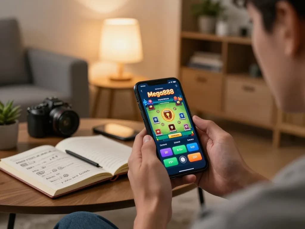 Versi asli Mega888 dipaparkan di telefon pintar semasa sesi permainan di suasana rumah yang selesa.