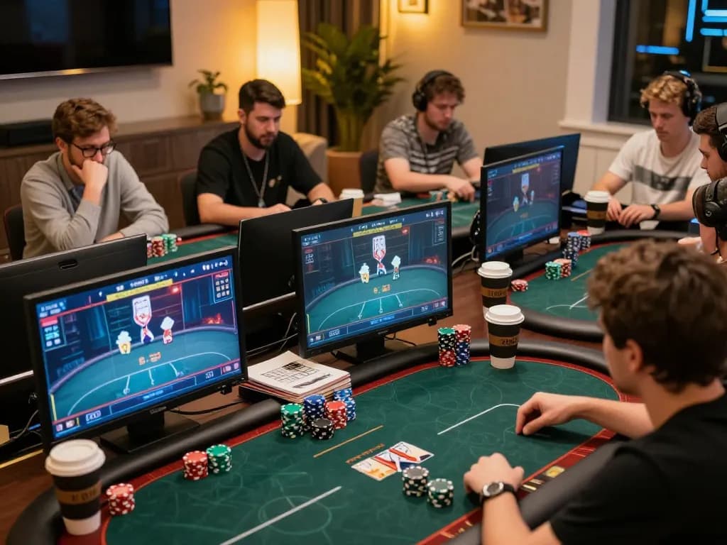 Players engaging in strategic SC88 online poker tournament with multiple screens, showcasing their intense gameplay.