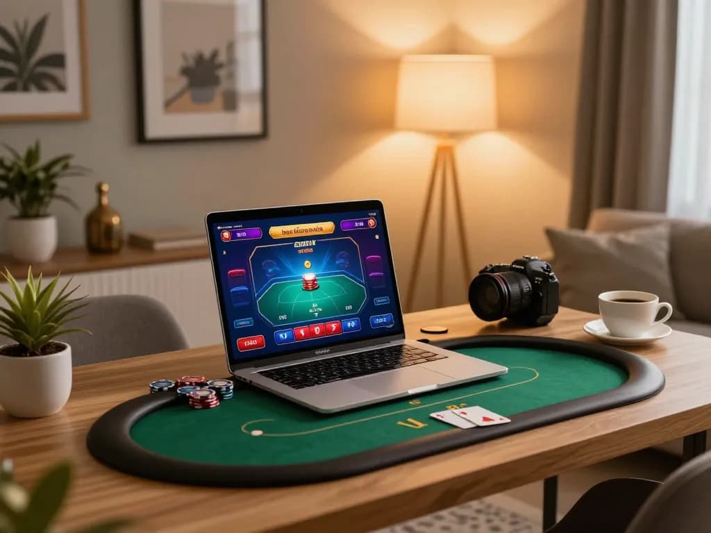 Player engaged in online poker at trang chủ 5679 on a stylish laptop setup at home.