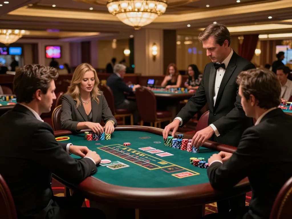 Baccarat table in an upscale casino with players placing bets and a dealer managing cards, creating an exciting atmosphere.