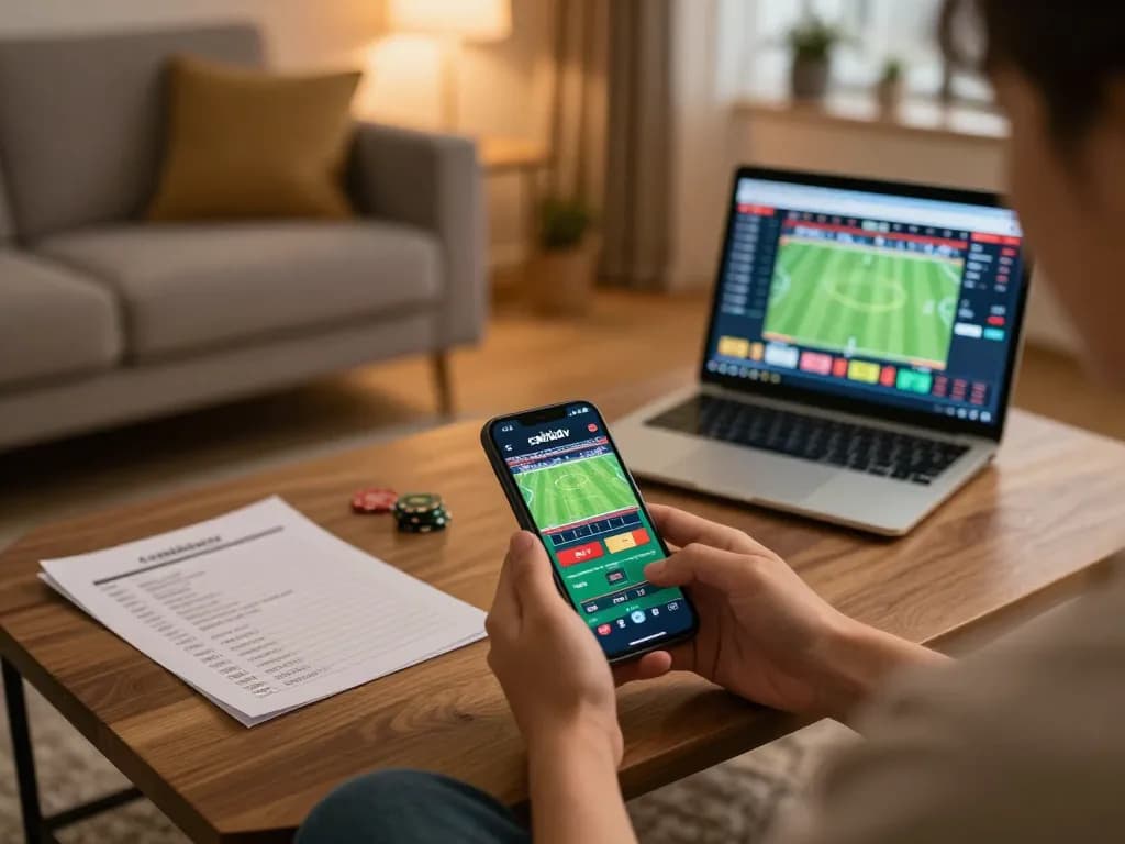 Engaging user accessing cakhiatv via smartphone for live football streaming and betting analysis.