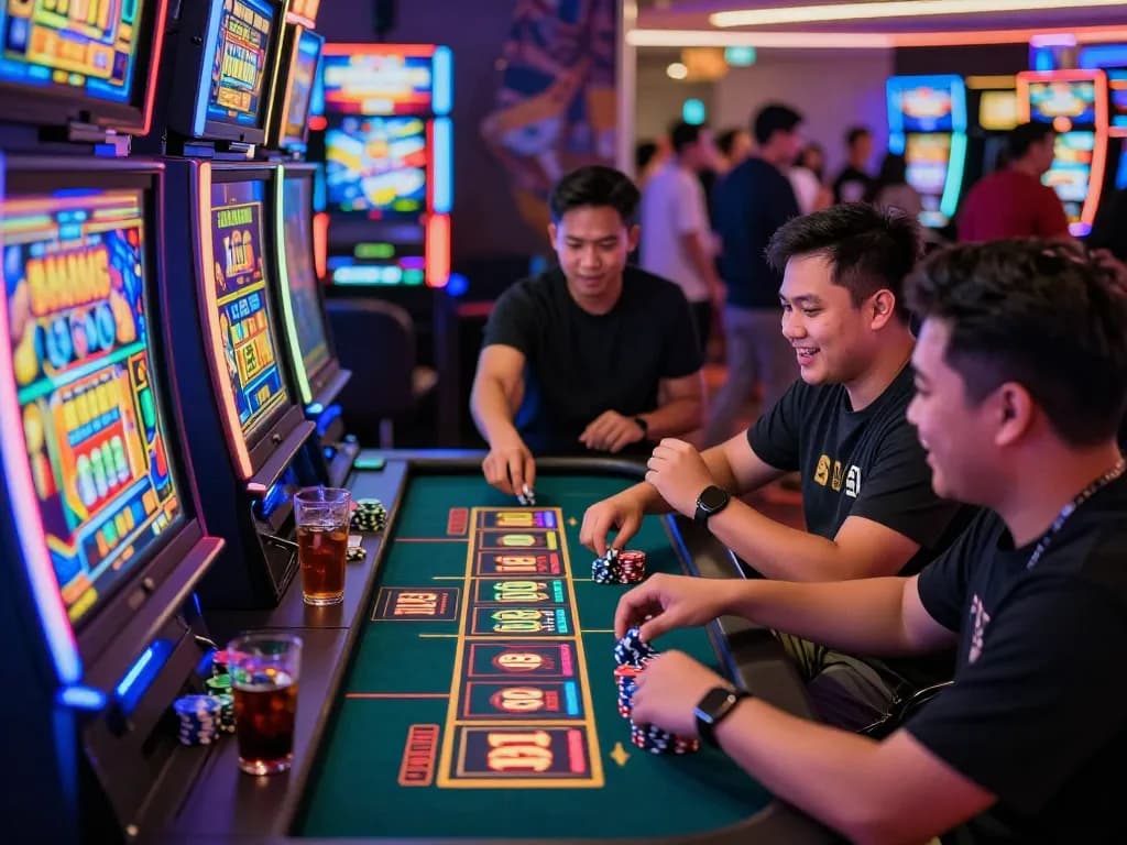 Excited players enjoying slot gacor hari ini at a lively casino table.