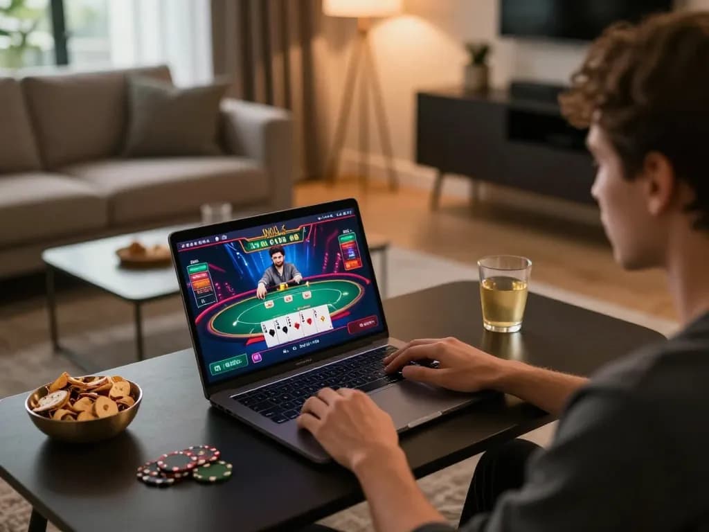 Engaging in online casino gaming with cloud-africa interface on a laptop while enjoying a cozy home setup.