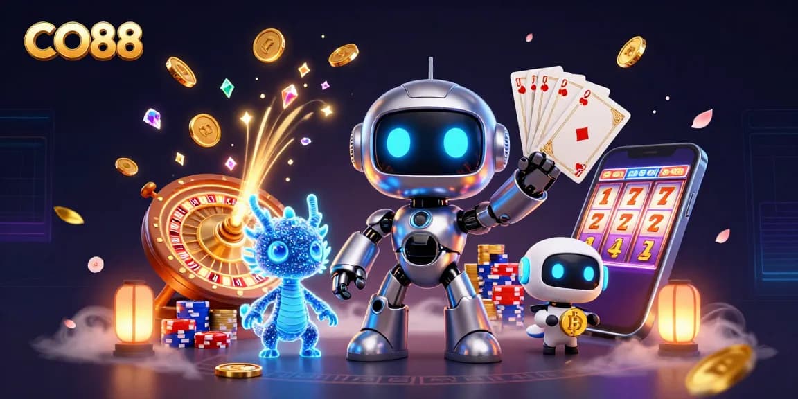 Engage with CO88 through vibrant casino elements and dynamic characters in this immersive digital illustration.
