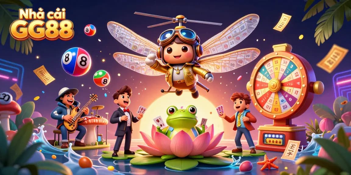 Experience the vibrant world of Nhà cái GG88, where a dragonfly pilot and frog croupier engage in thrilling casino games.