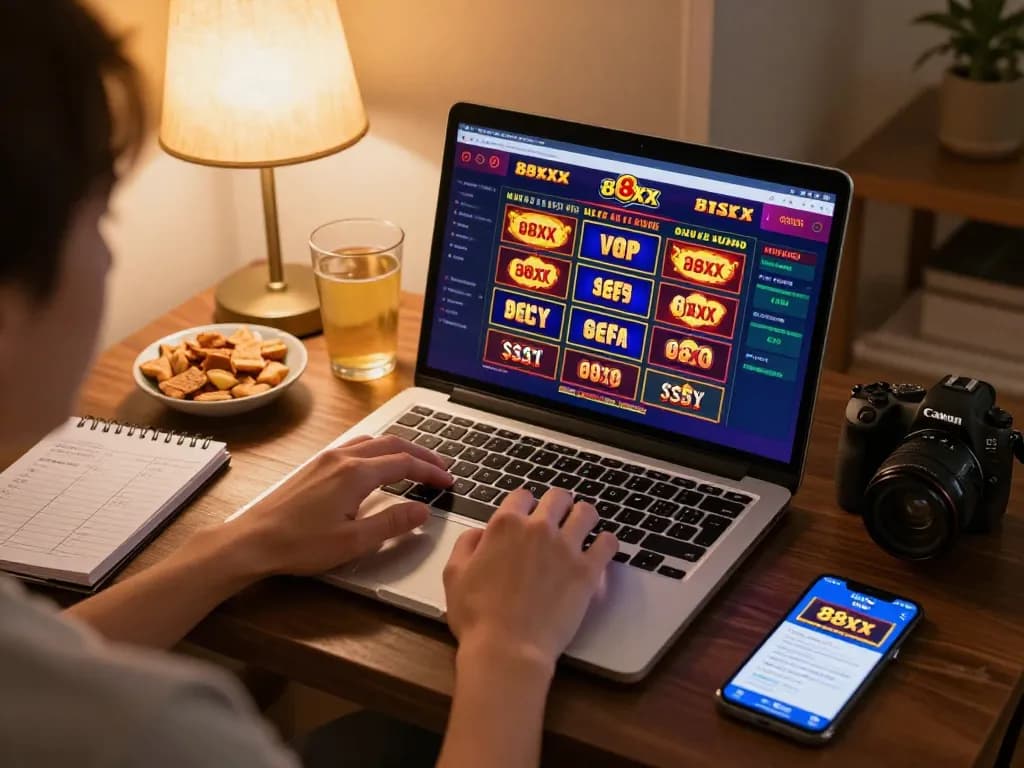 Engaging in online casino gaming with 88xx on a laptop at home, illustrating responsible entertainment.