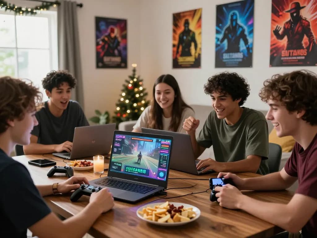 Friends enjoying a Sultan88 gaming session in a cozy living room with snacks and decor.