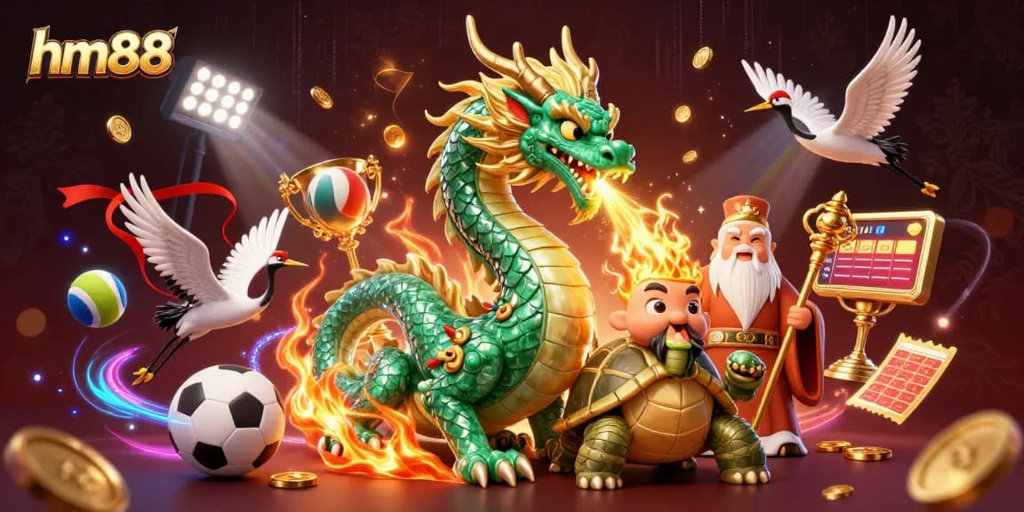 Join the excitement at hm88 with an immersive casino scene featuring lucky symbols and game elements.