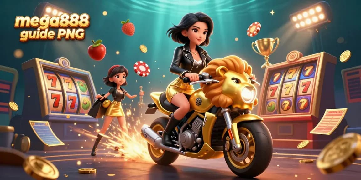 Engage with the mega888 guide PNG through a vibrant, dynamic online gaming illustration.