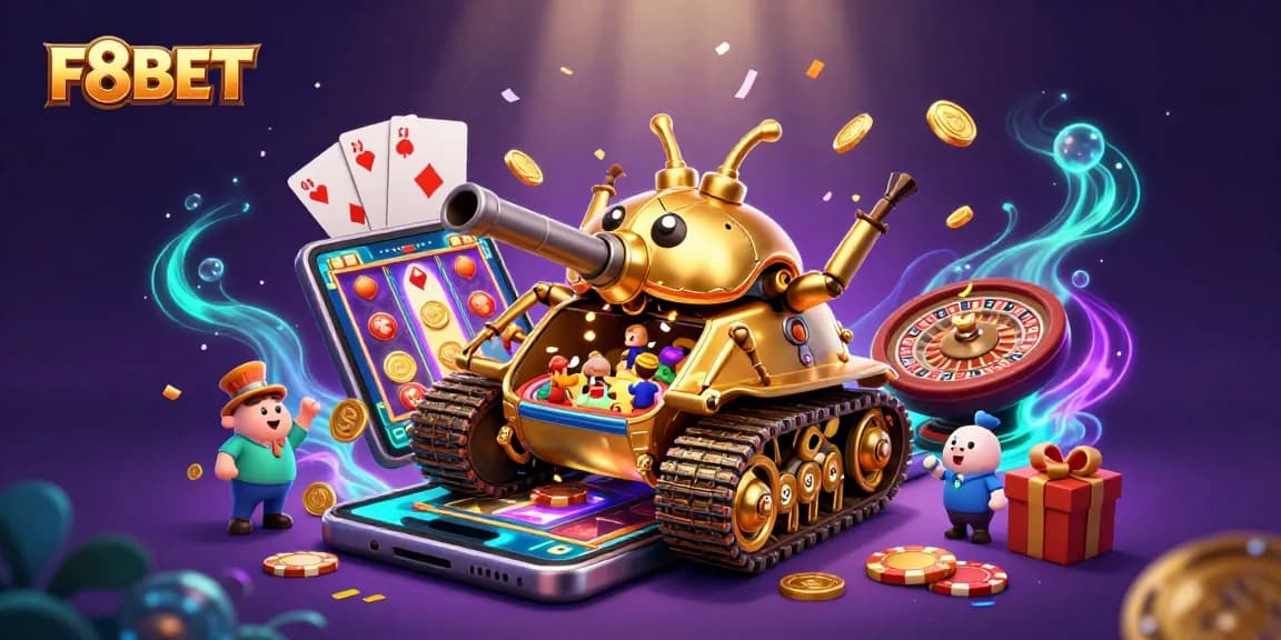 Play F8BET in a vibrant 3D casino scene with dynamic slot games and exciting rewards.