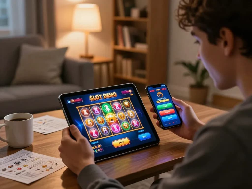 Immerse in the excitement of a virtual Slot Demo, with a player engaged in online gaming from the comfort of home.