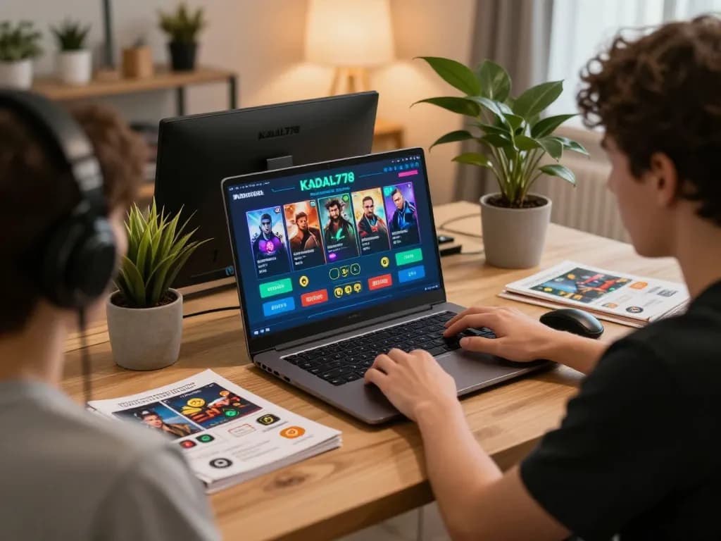 KADAL778 online gaming session with a player focusing on a strategic betting moment on their laptop in a cozy home office.