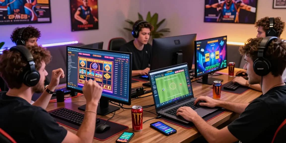 Excited players enjoying various games at OPEN88's online casino, showcasing vibrant digital interfaces.