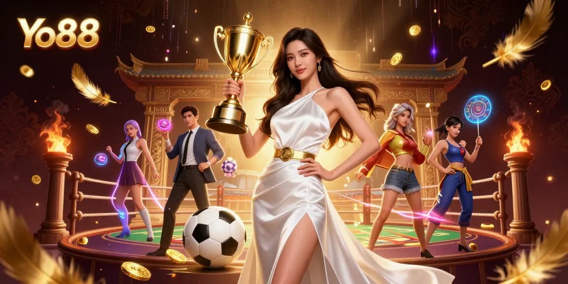Celebrate victory with Yo88, featuring a confident Asian woman holding a trophy amidst dynamic sports betting elements.