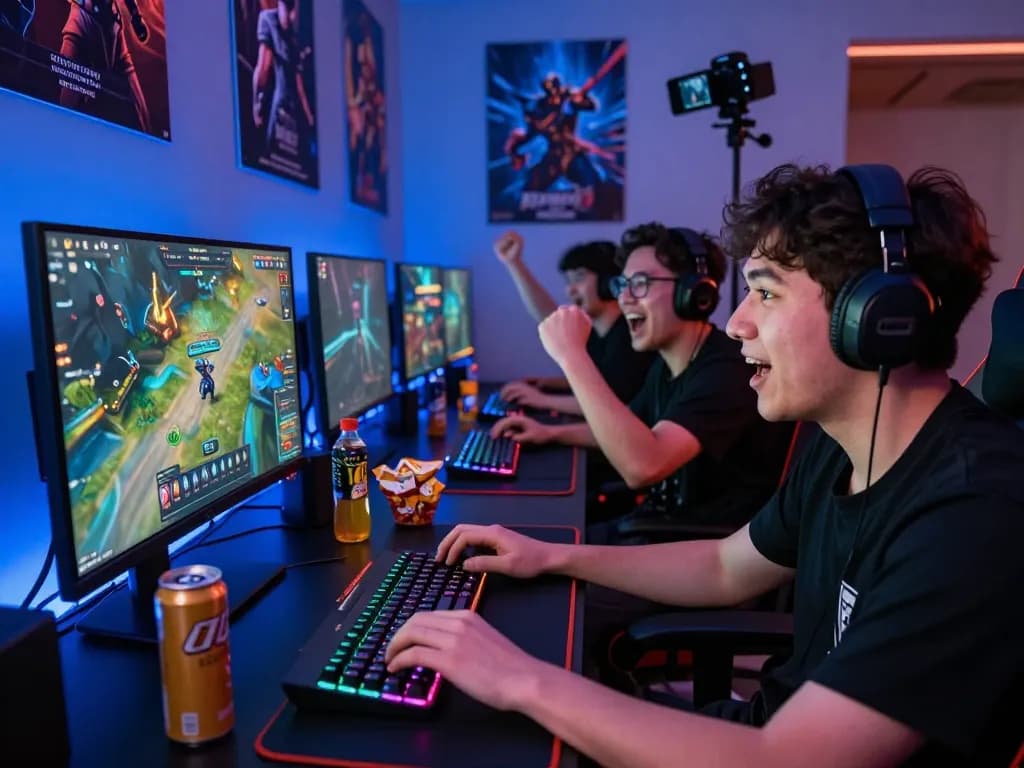Exciting online gaming scene with players immersed in dragon77, colorful monitors, and snacks.