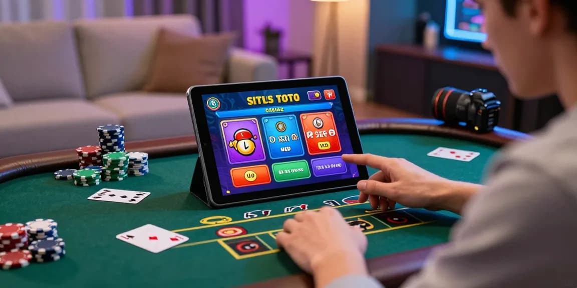 situs toto player engaging with online gambling platform in a colorful living room.